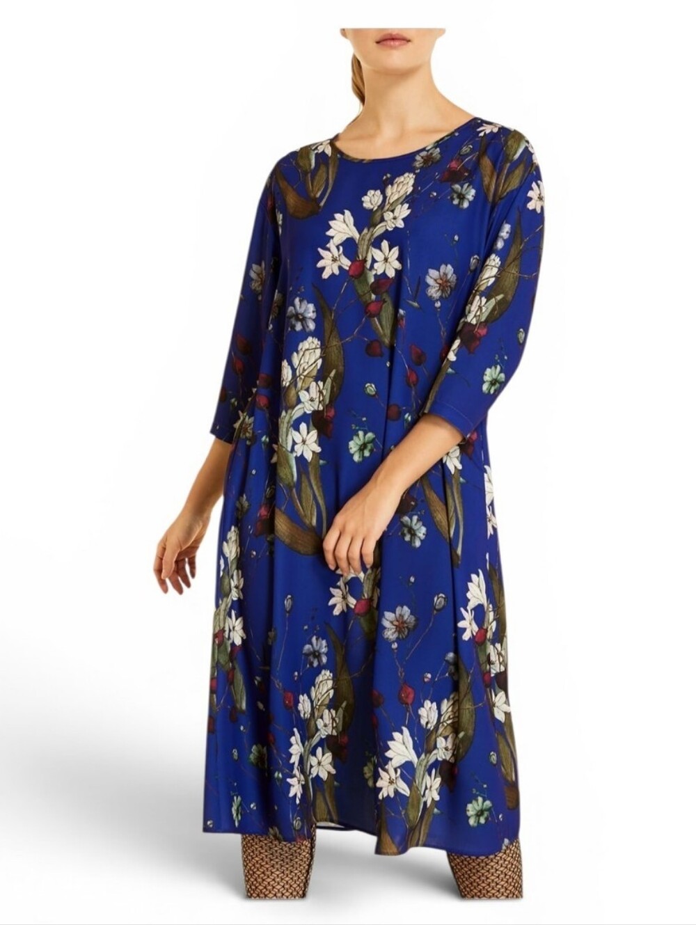 Marina Rinaldi "Danubio" Royal Blue Floral Print 3/4-Sleeve Cady Dress Size 24W